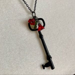 Vintage Black Key and Red Flower Charm Necklace